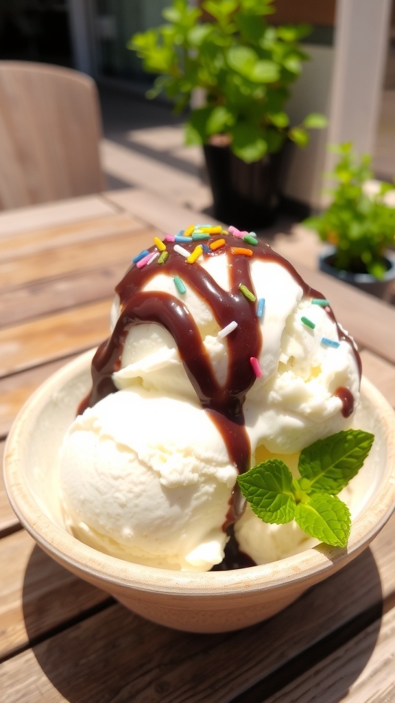 A bowl of homemade vanilla ice cream with chocolate sauce and sprinkles on a wooden table.